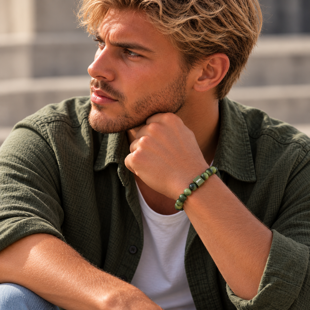 Herenarmband van groene jade natuursteen kralen 8mm close up – Pols Bracelets